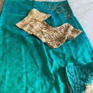 Gold and Teal Saree with Gold Accents, Brand New